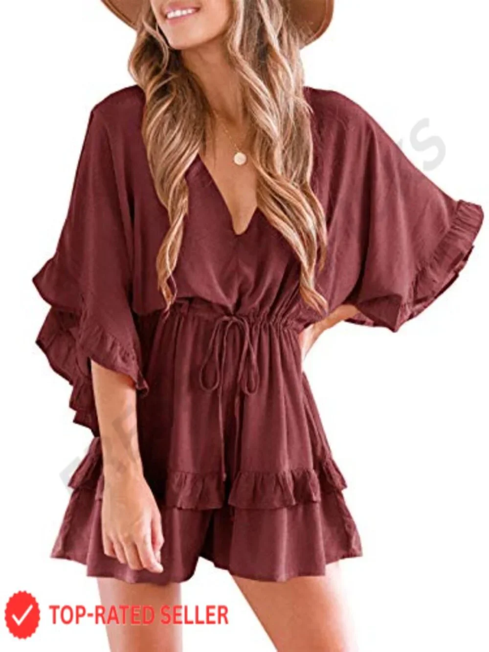 Women's V-Neck Romper Jumpsuit Ruffle Sleeve Drawstring Beach Vacation Outfit